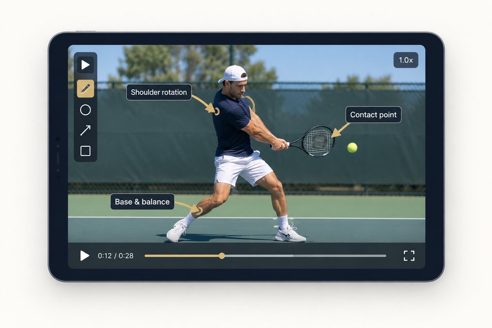 Remote tennis coaching — video analysis of a player's backhand on an iPad, with arrows marking shoulder rotation, contact point and base & balance
